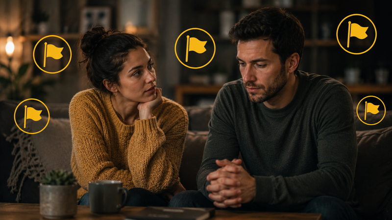 A couple sitting together looking concerned, surrounded by yellow caution flag icons.