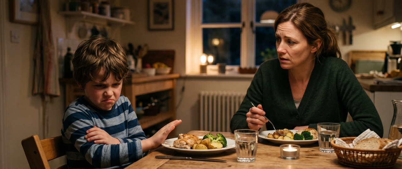 A family gathered around a dinner table taking turns naming one thing they are thankful for, showing how gratitude counters entitlement in kids.