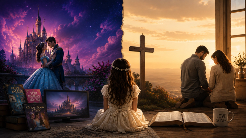 Split image: a girl in a princess dress watches a fairy-tale romance beside a couple praying by a cross at sunset.