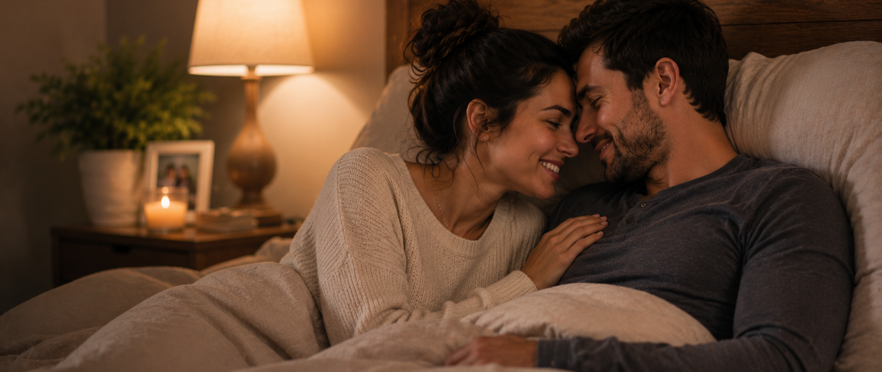 A married couple laughing together in a sunlit kitchen, representing renewed intimacy in marriage.