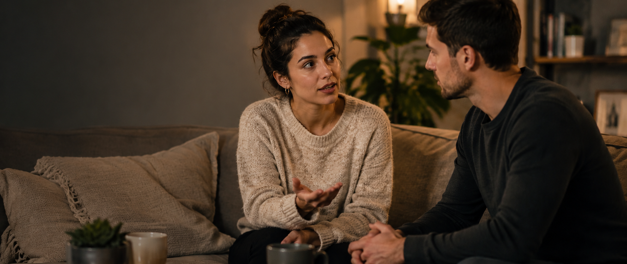 Two people talking honestly across a small coffee shop table, illustrating a dating conversation about porn and sexual integrity.
