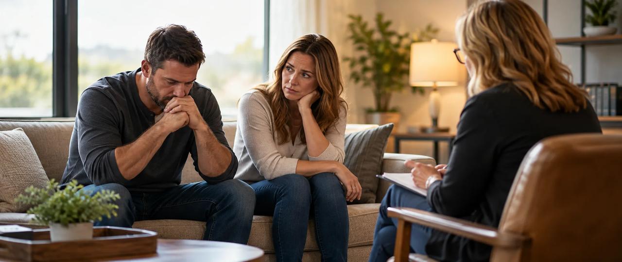 Couple sitting on a counselor's sofa during marriage counseling for porn addiction