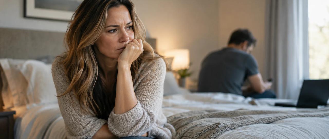 Woman sitting alone by a window in morning light after discovering her husband watches porn
