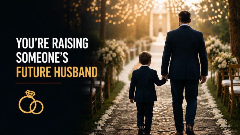 Text banner reading “You’re raising someone’s future husband” over a father and son walking hand in hand.