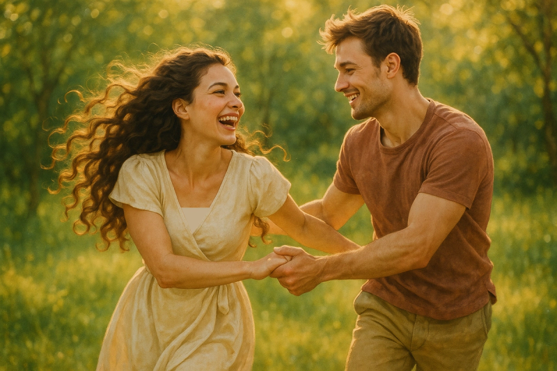 A laughing couple holding hands and dancing outdoors in a sunlit field.