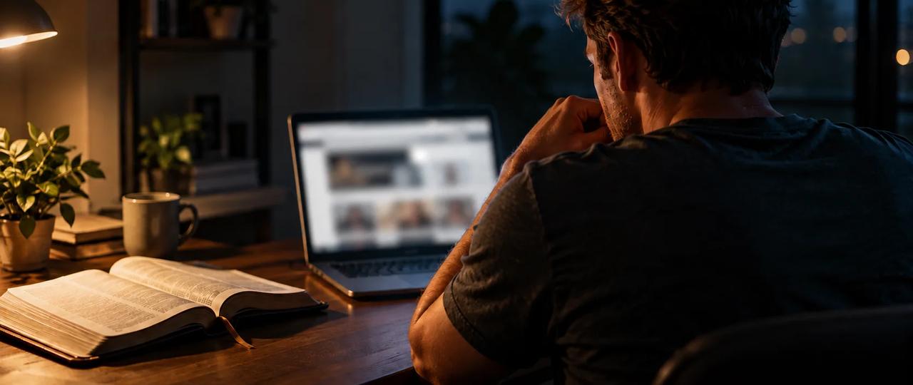 Open Bible beside a phone face down on a table, on whether Christians can watch porn