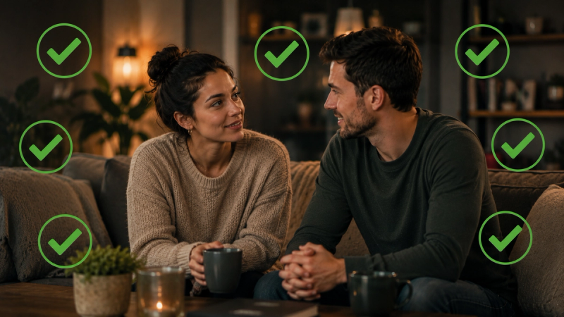 A couple smiling and talking closely together, surrounded by green checkmark icons.