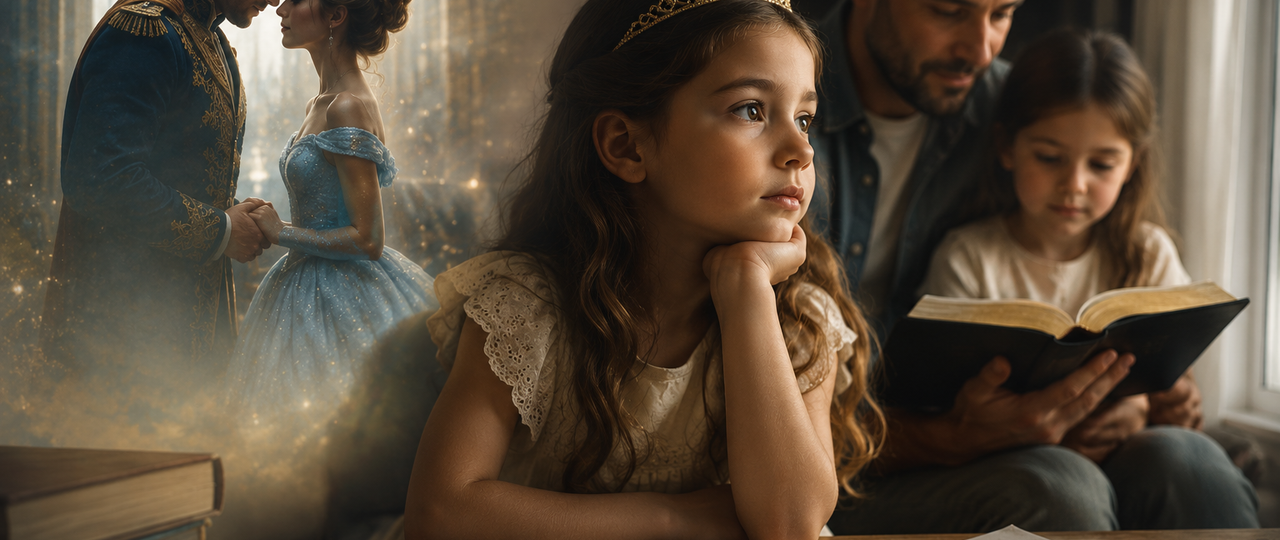 A young girl in a paper crown reading a fairytale book by lamplight, illustrating the Prince Charming story told to daughters.