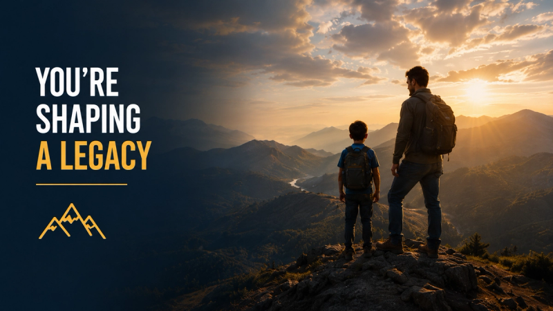 Text banner reading “You’re shaping a legacy” over a father and son looking out at mountains at sunset.