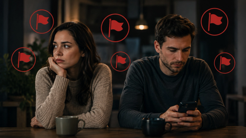 A couple sitting apart at a table, surrounded by red flag icons, while he looks at his phone.