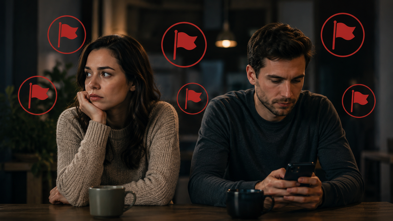 A couple sitting apart at a table, surrounded by red flag icons, while he looks at his phone.
