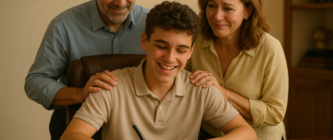 A parent and child sitting together at a kitchen table signing a printed family tech covenant agreement beside a phone.