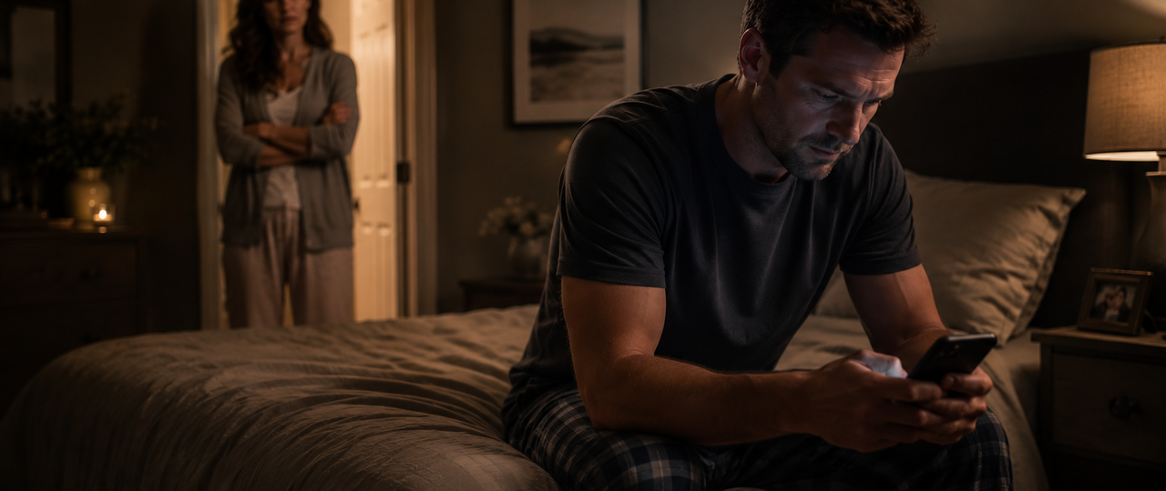 A woman sitting alone at a kitchen table in early morning light with an untouched cup of coffee, wondering why her husband chooses porn over her.