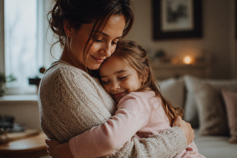 Mother embracing her young daughter in a warm, softly lit living room.