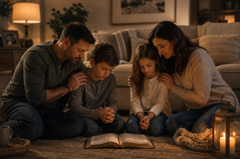 Family of four praying together on the living room floor by candlelight.