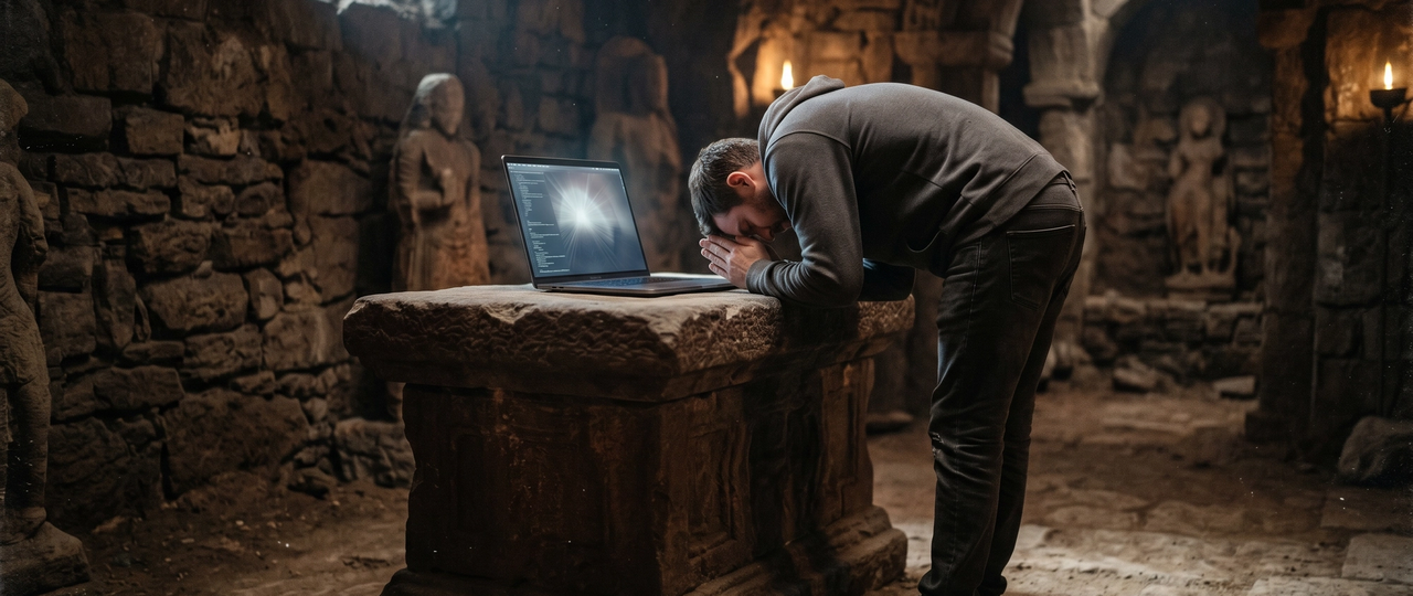 Weathered stone carvings from an ancient temple fading into the glow of a modern phone screen, illustrating the long war for a man's mind.
