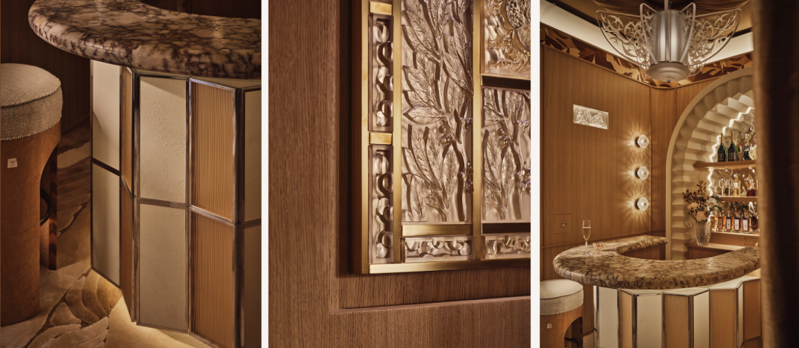 Detailed views of an Art Deco-inspired bar by Elicyon, featuring a sculptural marble counter, crafted metalwork, timber panelling and statement lighting.