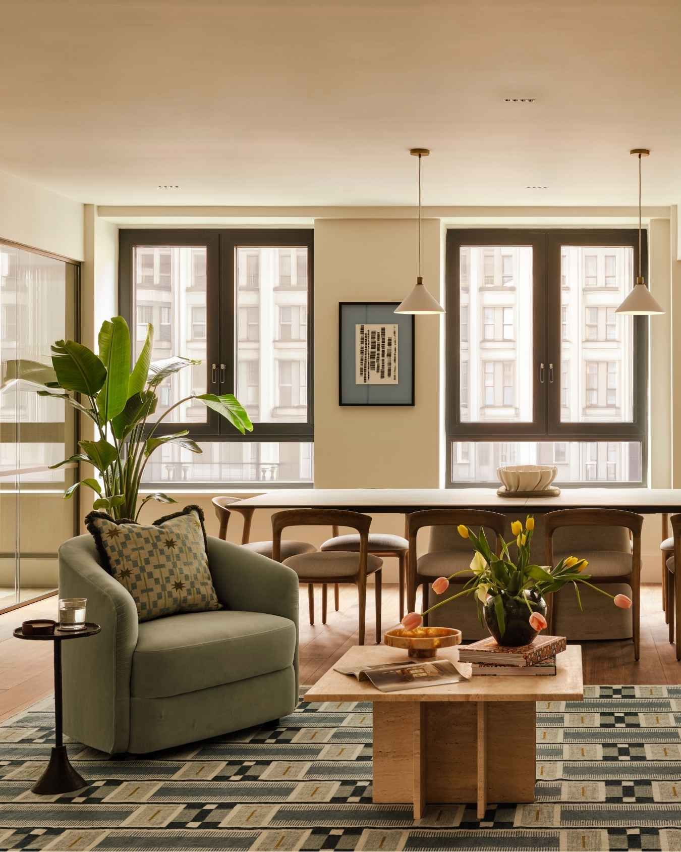 Refined office breakout space featuring bespoke furniture, soft green armchair, patterned rug and floor-to-ceiling windows.