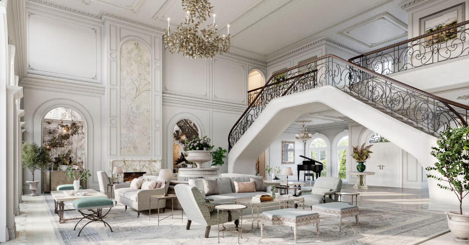 Living room with a staircase in the background