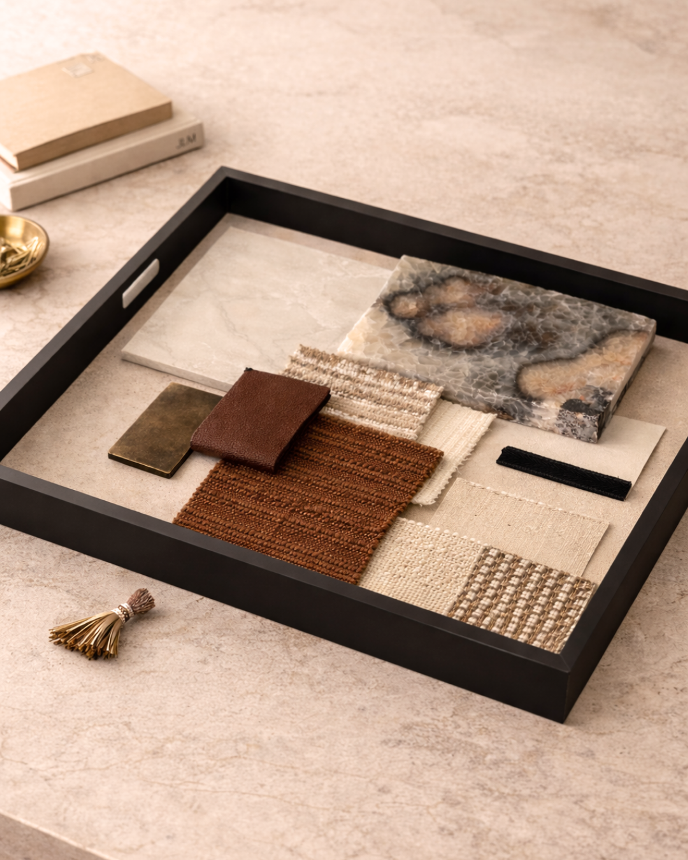 Warm-toned interior design material palette arranged on a tray, featuring natural stone, woven textiles, leather and metal samples on a neutral limestone surface, reflecting a considered interior design studio material board.