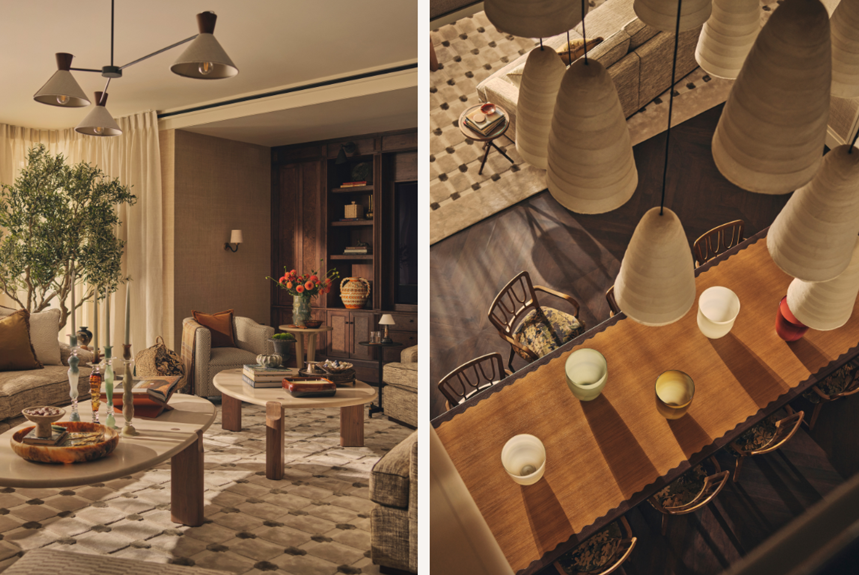 A relaxed living and dining setting featuring natural materials, crafted timber furniture and sculptural pendant lighting, arranged to support both gathering and quiet moments.