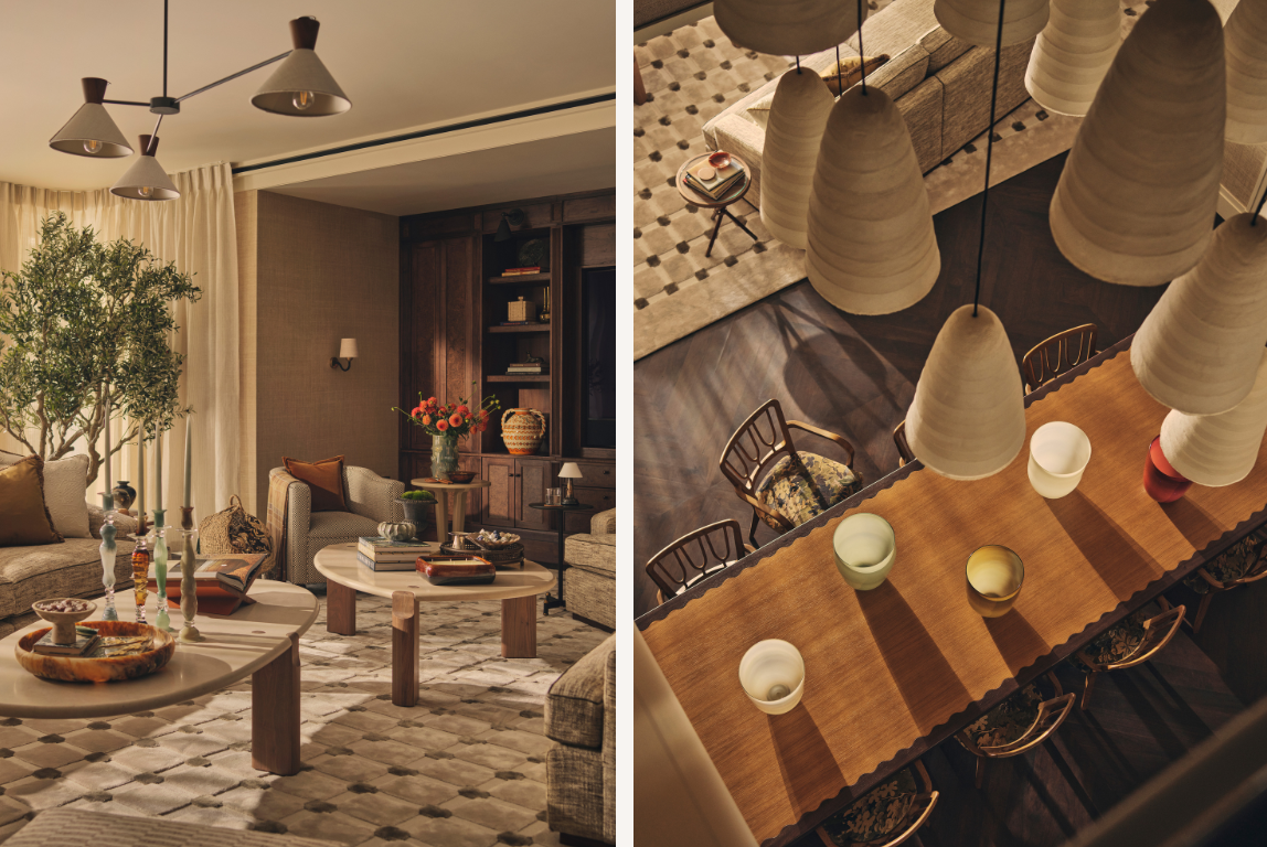 A relaxed living and dining setting featuring natural materials, crafted timber furniture and sculptural pendant lighting, arranged to support both gathering and quiet moments.