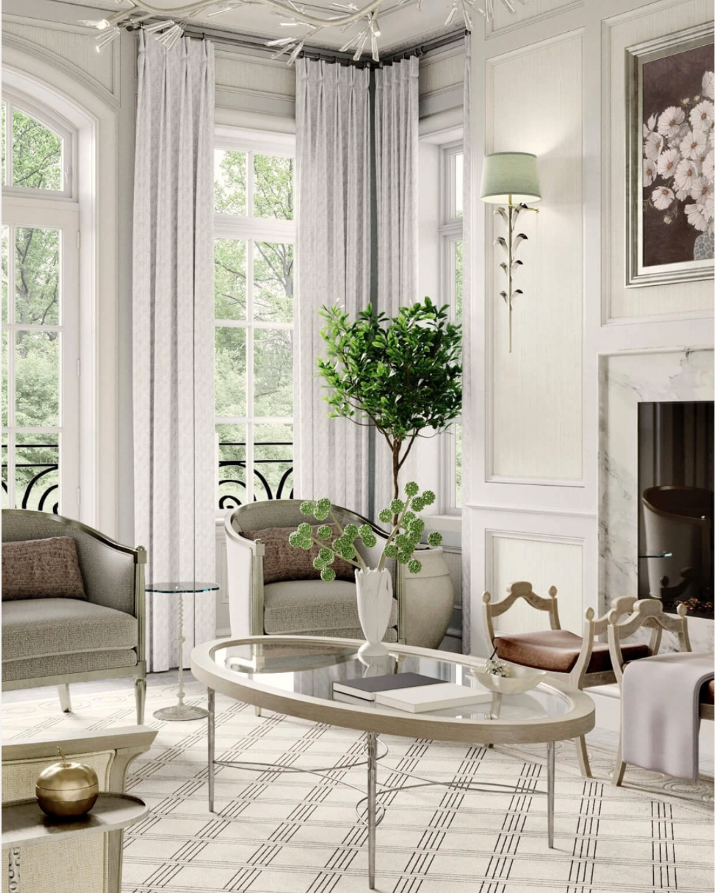 A refined sitting room with pale panelling, soft textiles and tailored furniture, complemented by a marble fireplace and large windows framing greenery outside.