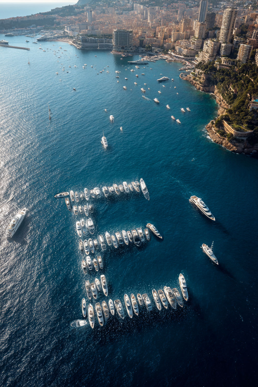 image of ships spelling out the Elicyon E in the ocean off Monaco