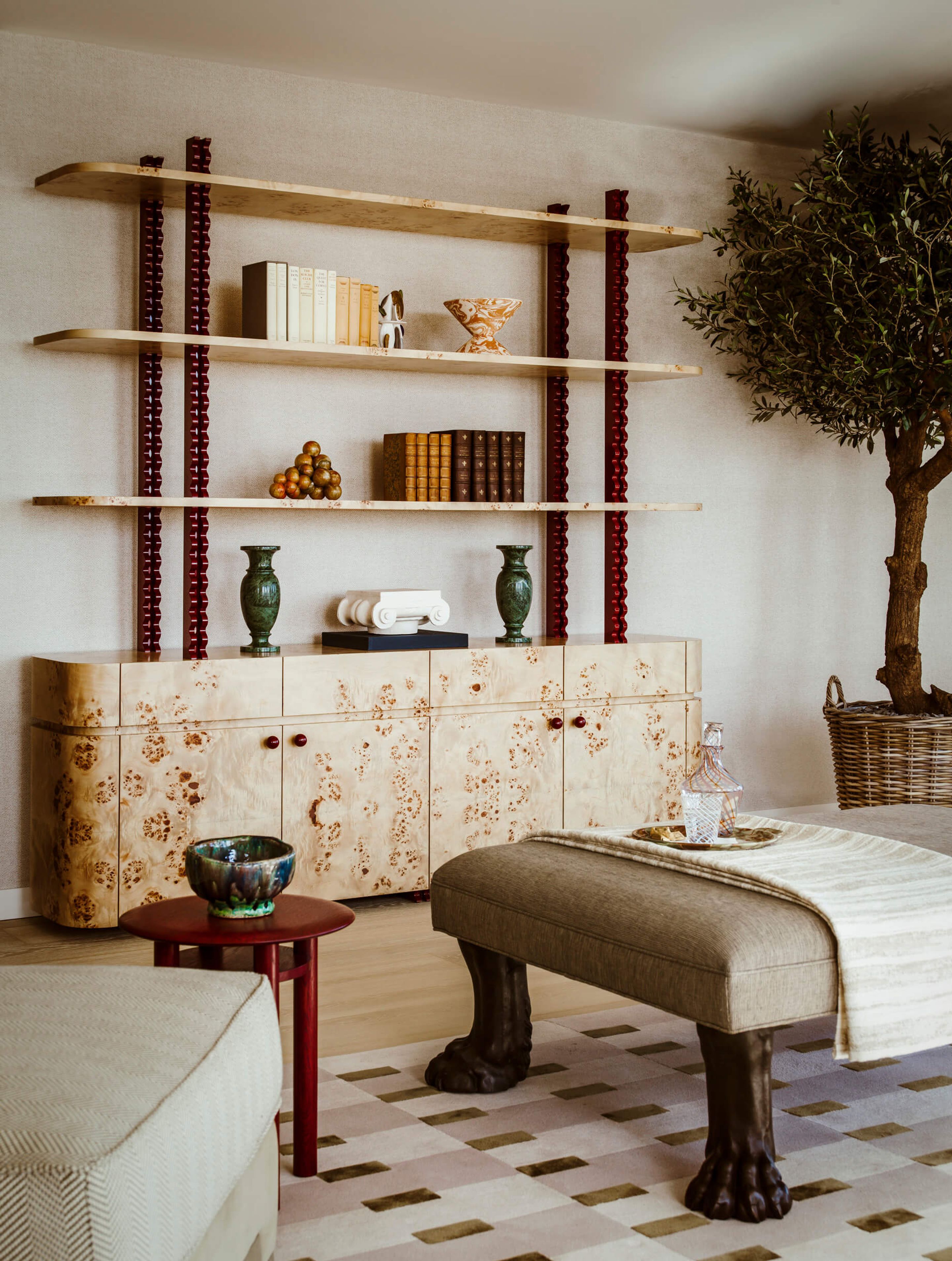 Footstool and cabinet in a living room