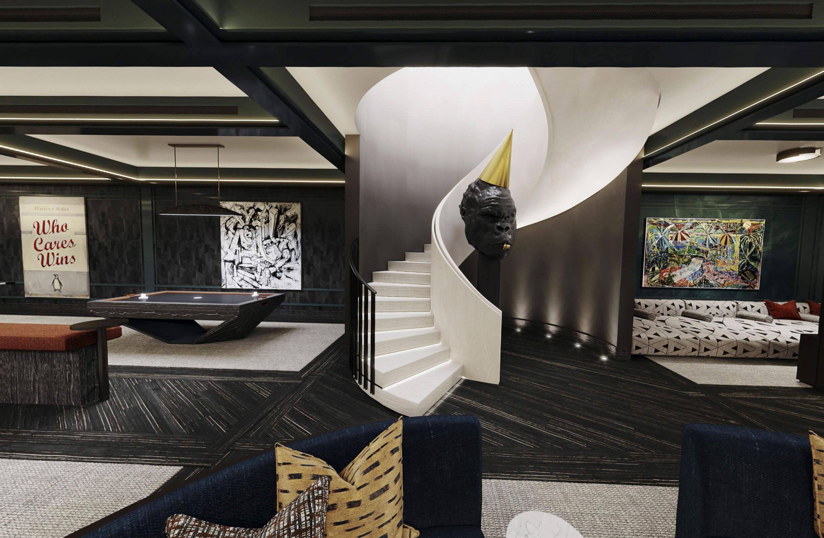 Staircase and pool table