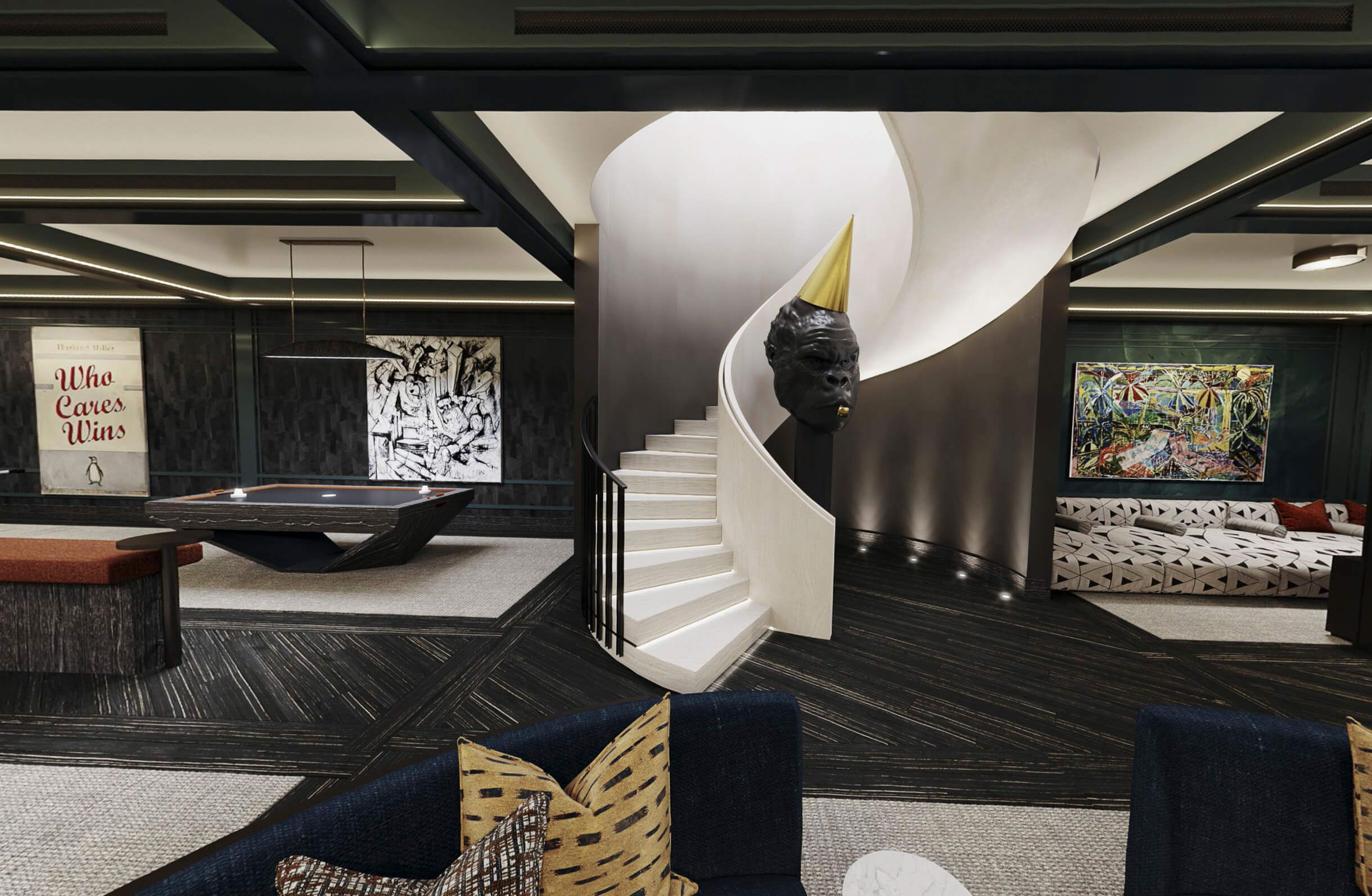 Staircase and pool table