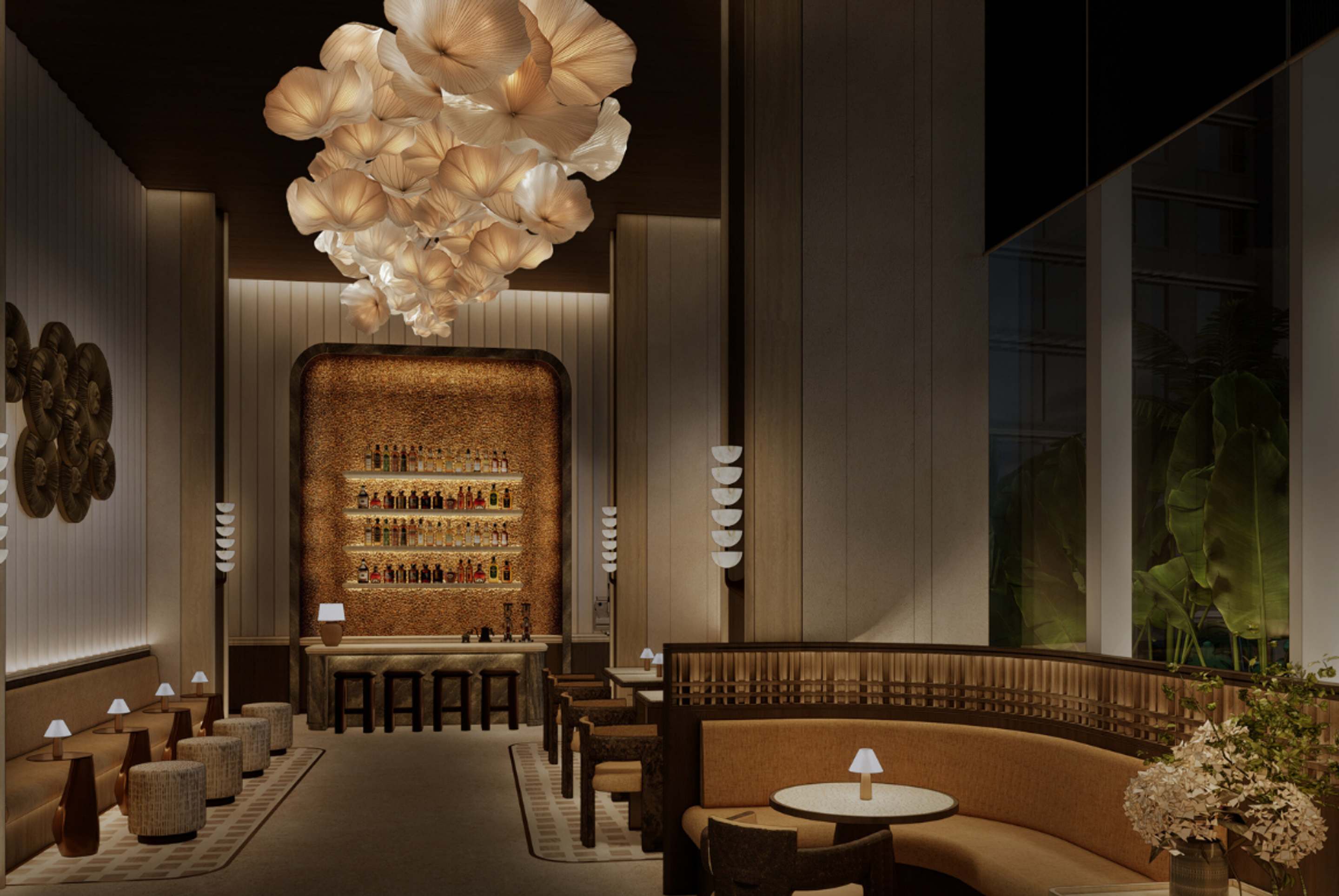 Singapore Botanical hotel bar interior with sculptural floral chandelier, warm timber panelling and curved banquette seating, designed as an atmospheric hospitality space inspired by botanical surroundings and contemporary interior architecture.