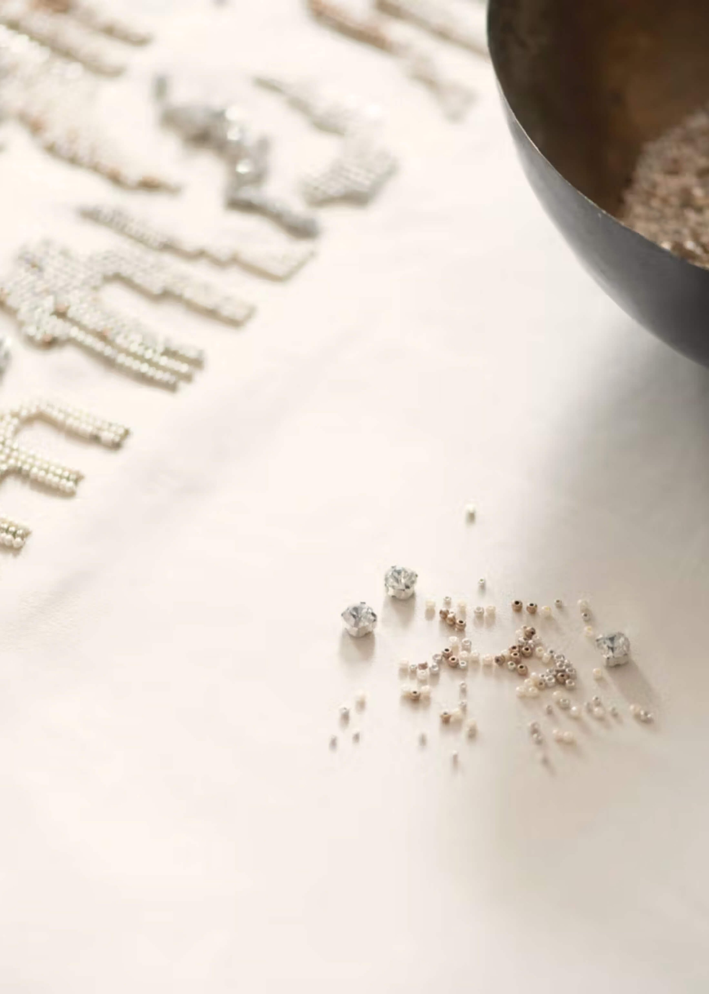 Close up of beads, laid out on fabric.