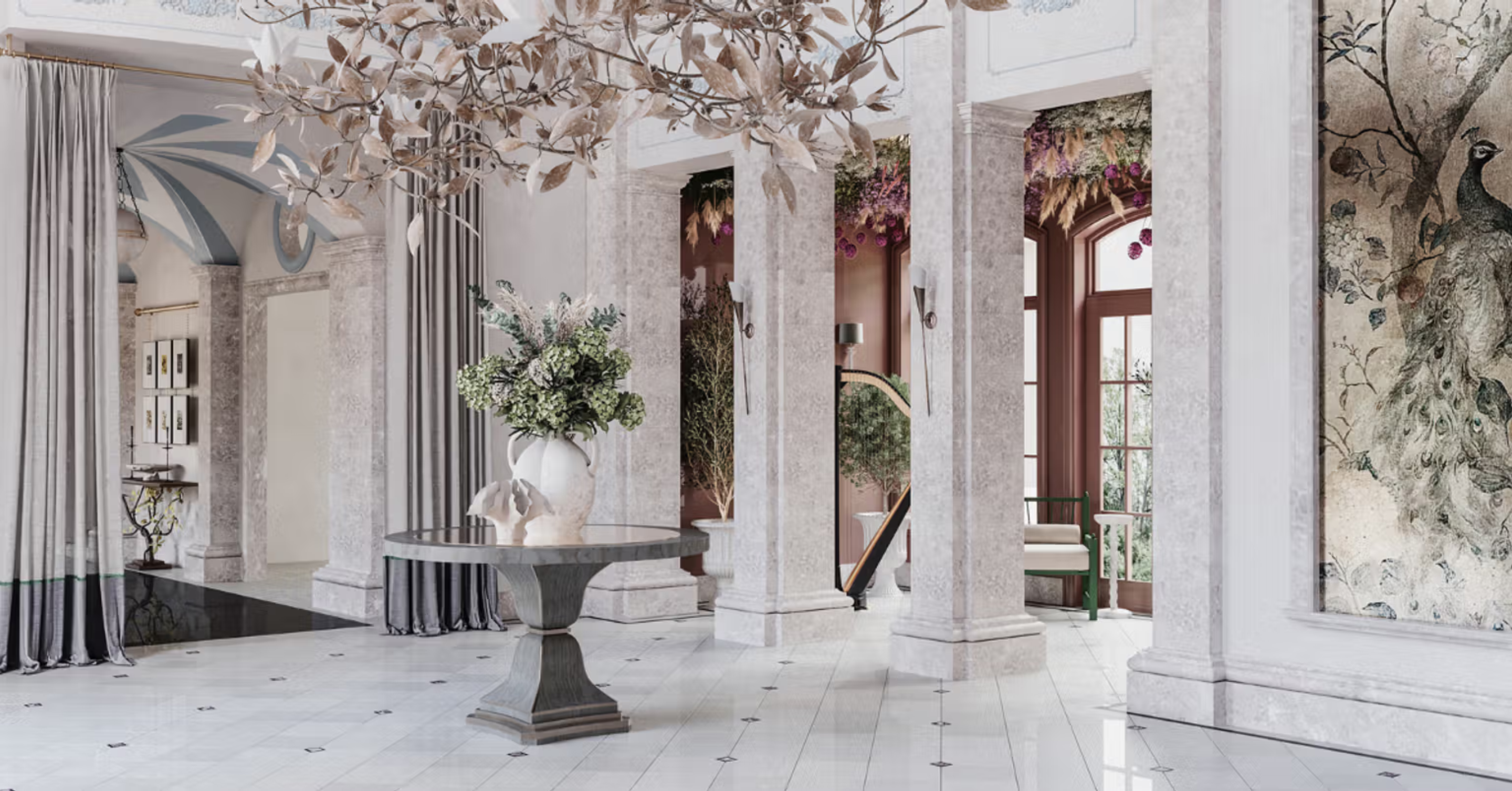 A foyer with a table that has a large vase of flowers on it.