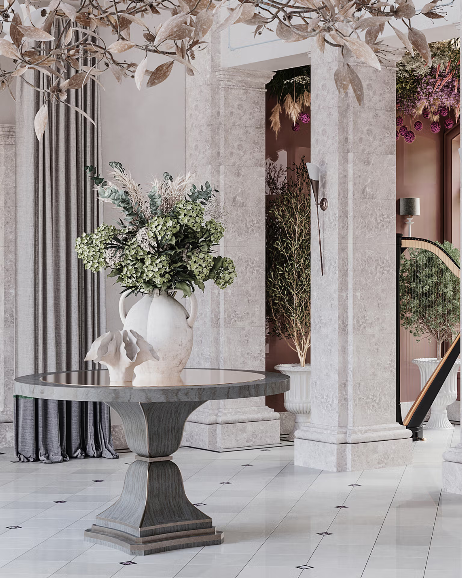 A table with a large vase full of flowers.