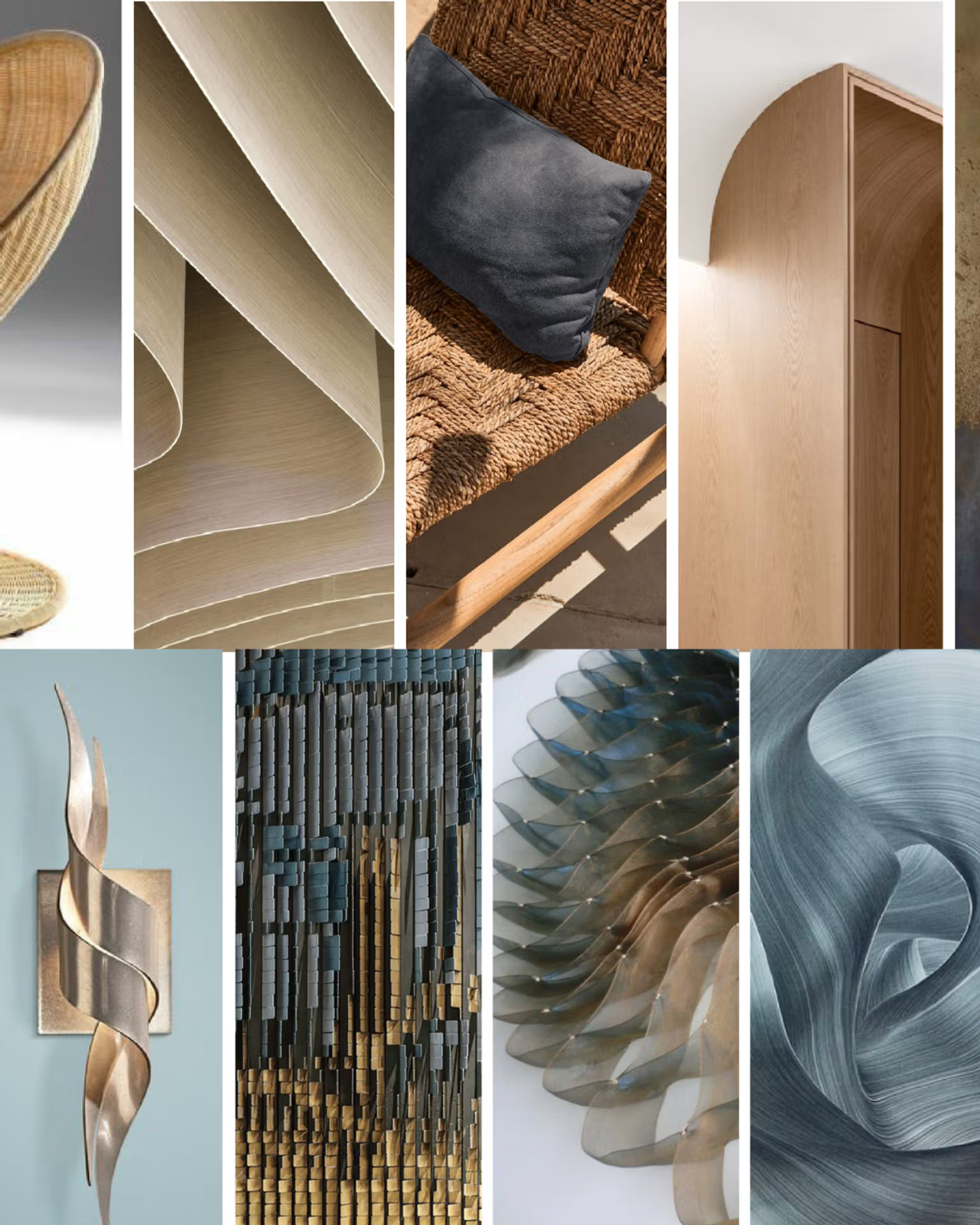 A collage of project inspiration, including textures, objects, colours, and shapes.