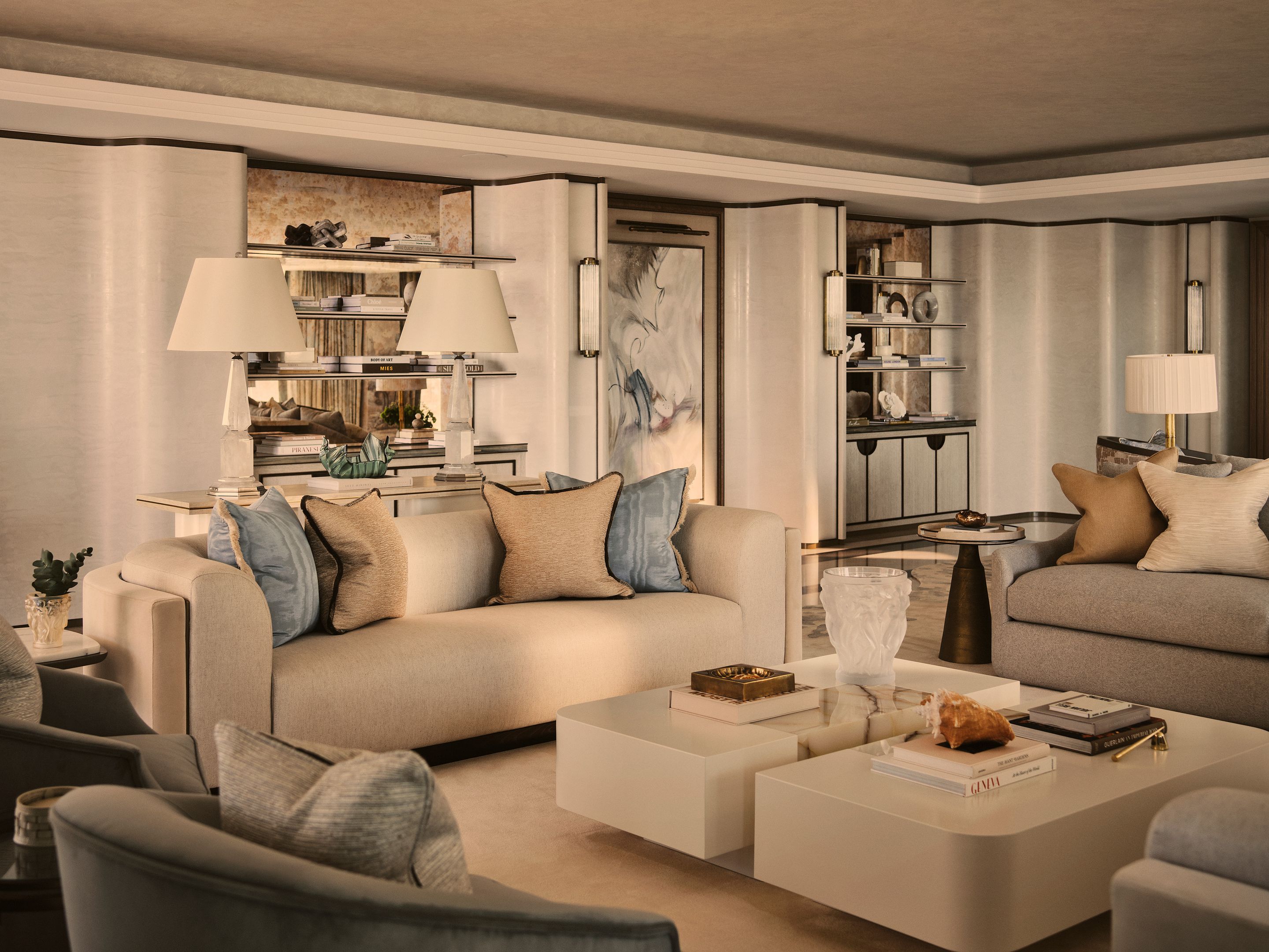 Monaco retreat luxury interior design living room, with neutral tones and hints of blue