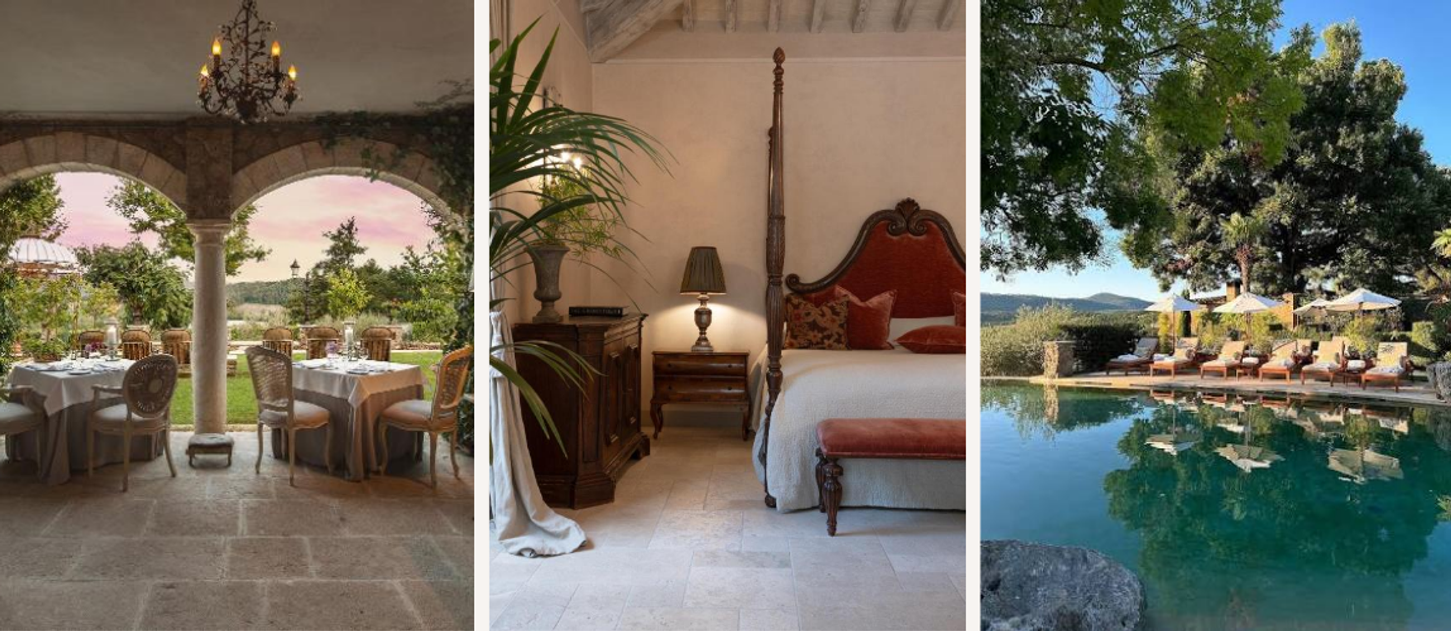 interior, architecture and landscaping of the Borgo Santo Pietro luxury hotel in Tuscany