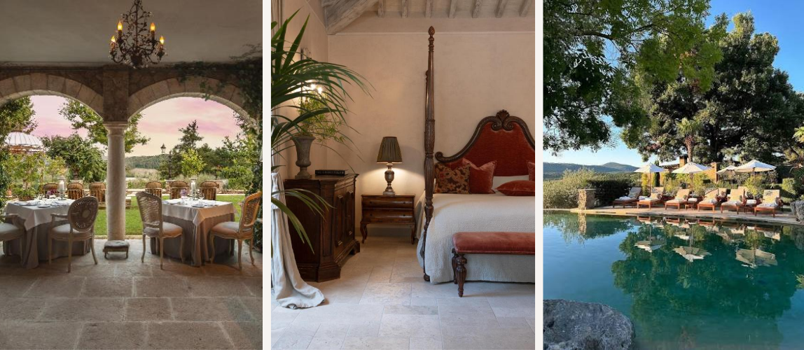interior, architecture and landscaping of the Borgo Santo Pietro luxury hotel in Tuscany