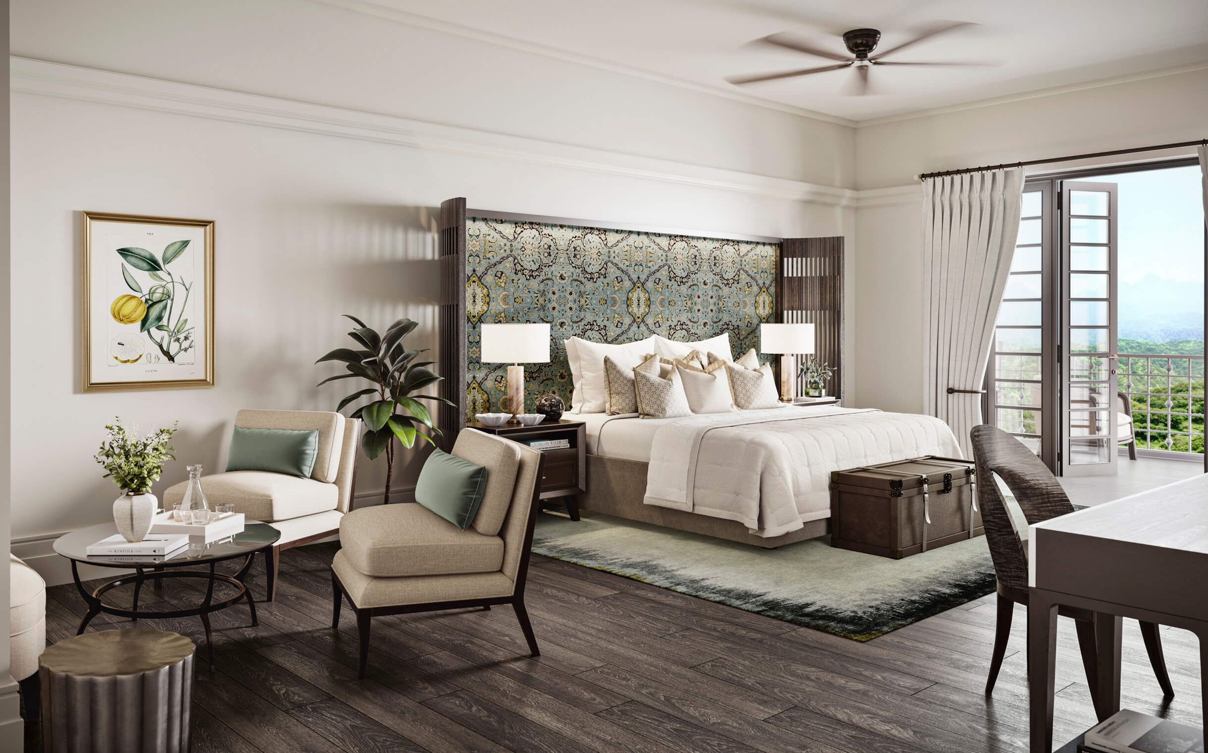 Hotel bedroom and seating area.