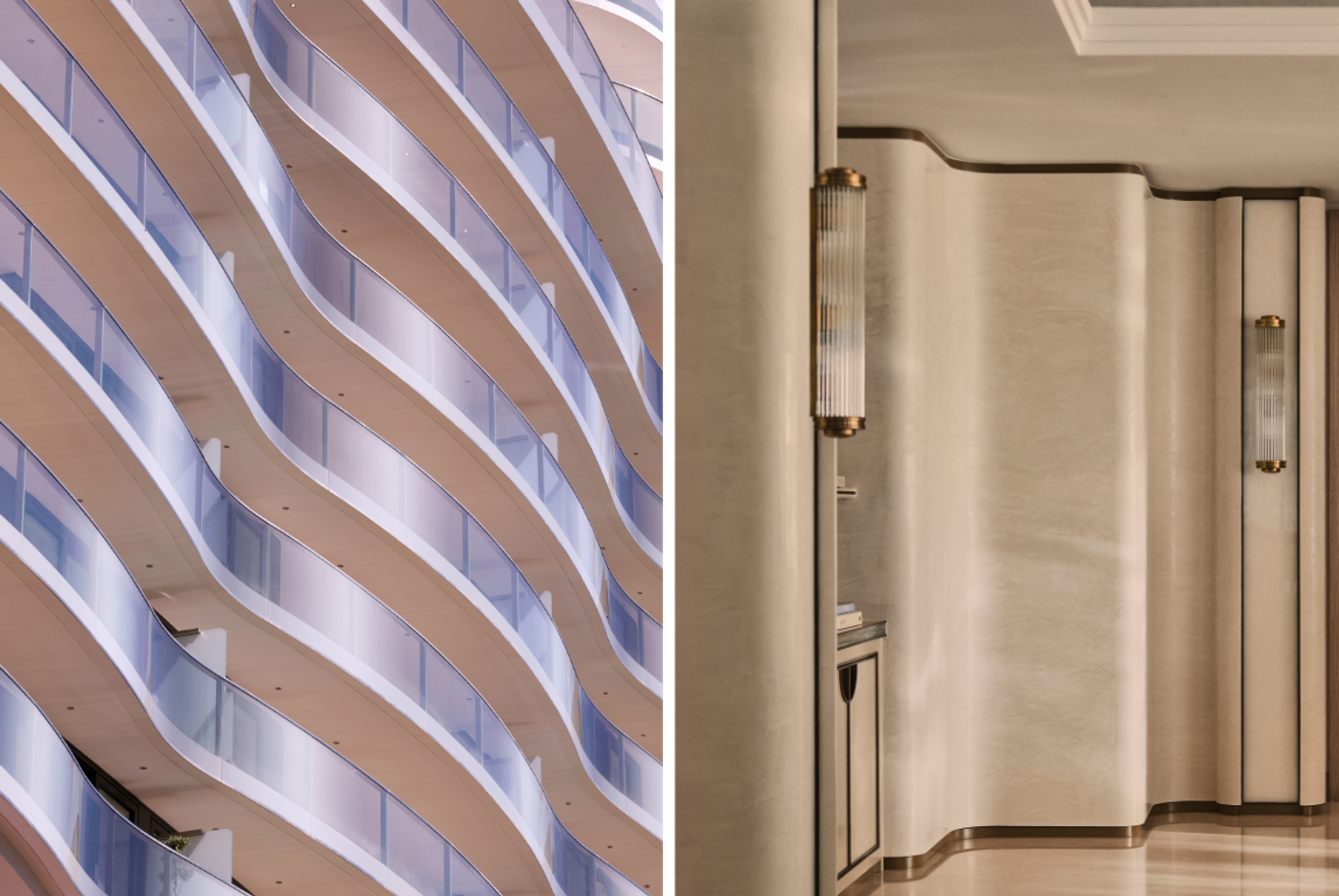 Two images, one depicting the building facade, one depicting the apartments joinery.