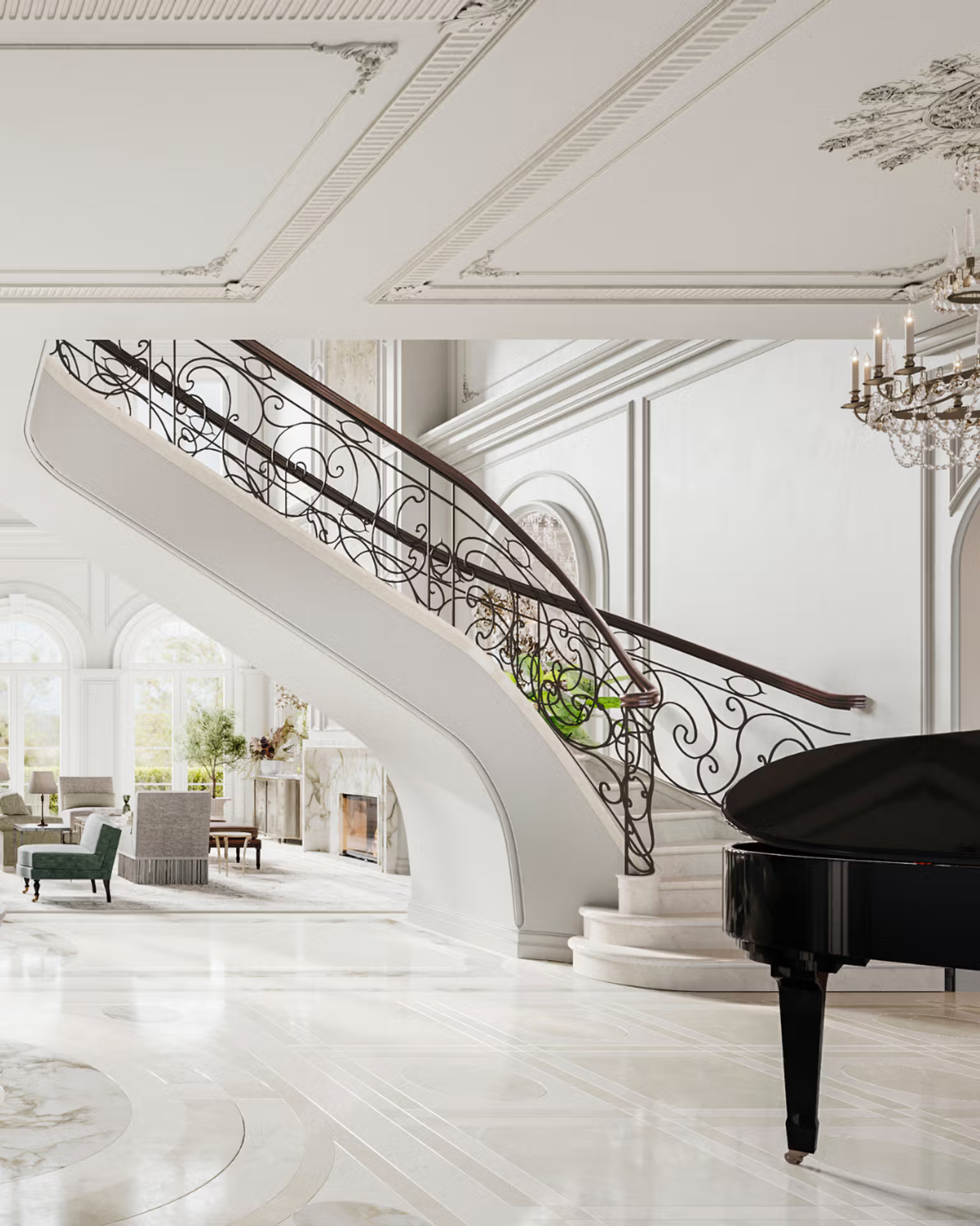 Foyer with a piano, a staircase and seating area