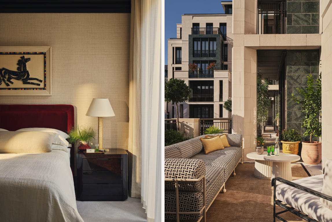 A bedroom and terrace pairing, where warm interior tones transition to an outdoor seating area with patterned upholstery and soft evening light.