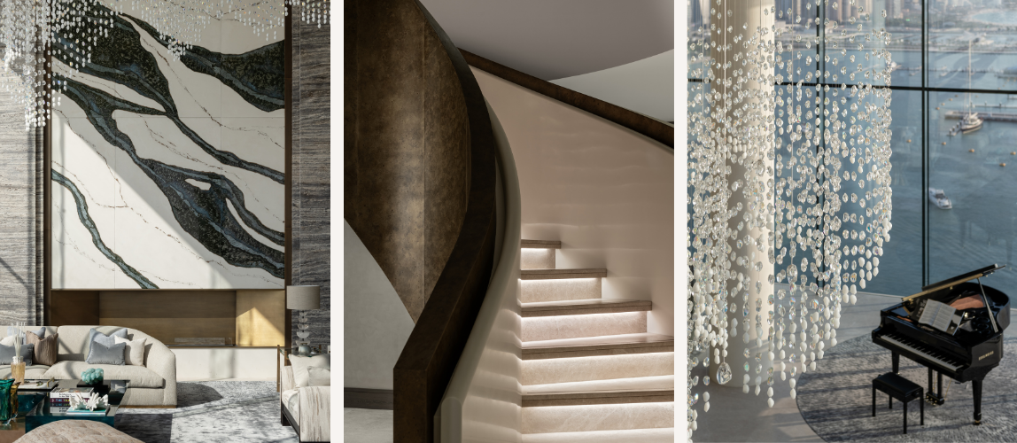 Dubai penthouse interior featuring a dramatic bookmatched stone feature wall, sculptural staircase and crystal chandelier overlooking waterfront views.