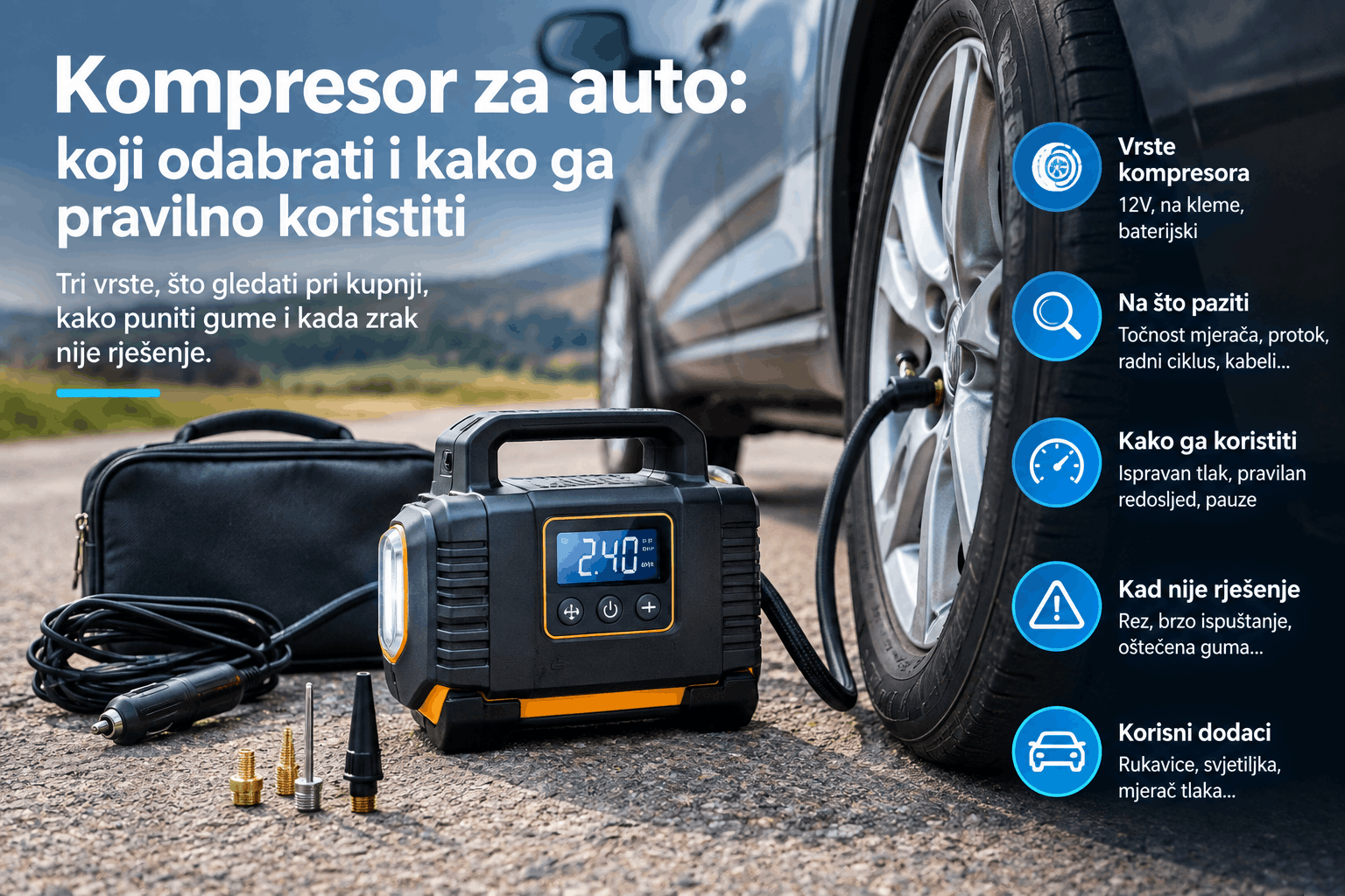 Kompresor za auto spojen na gumu, uz prikaz tlaka, vrsta kompresora, savjeta za kupnju i pravilno korištenje.
