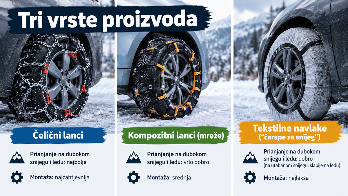 Tri vrste zimske opreme za automobil – čelični lanci, kompozitne mreže i tekstilne navlake