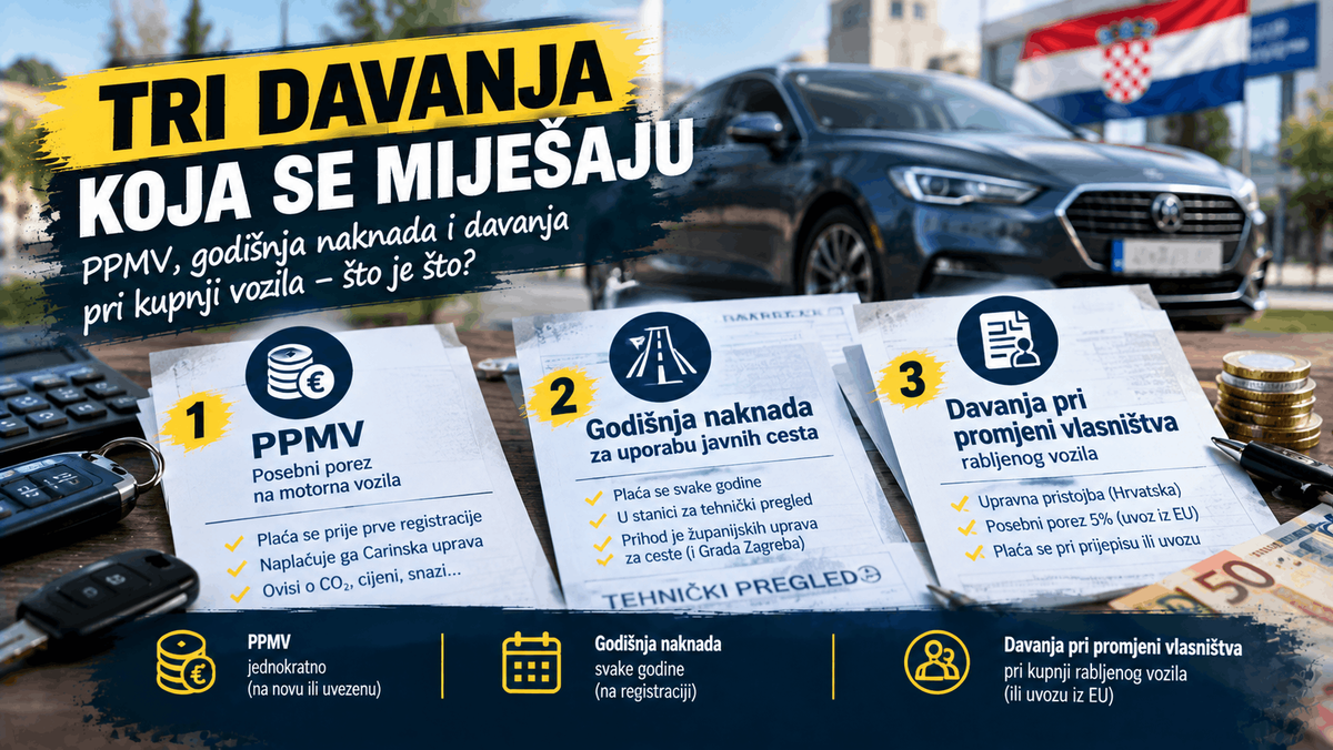 Tri davanja koja se miješaju kod vozila u Hrvatskoj – PPMV, godišnja naknada za ceste i davanja pri promjeni vlasništva