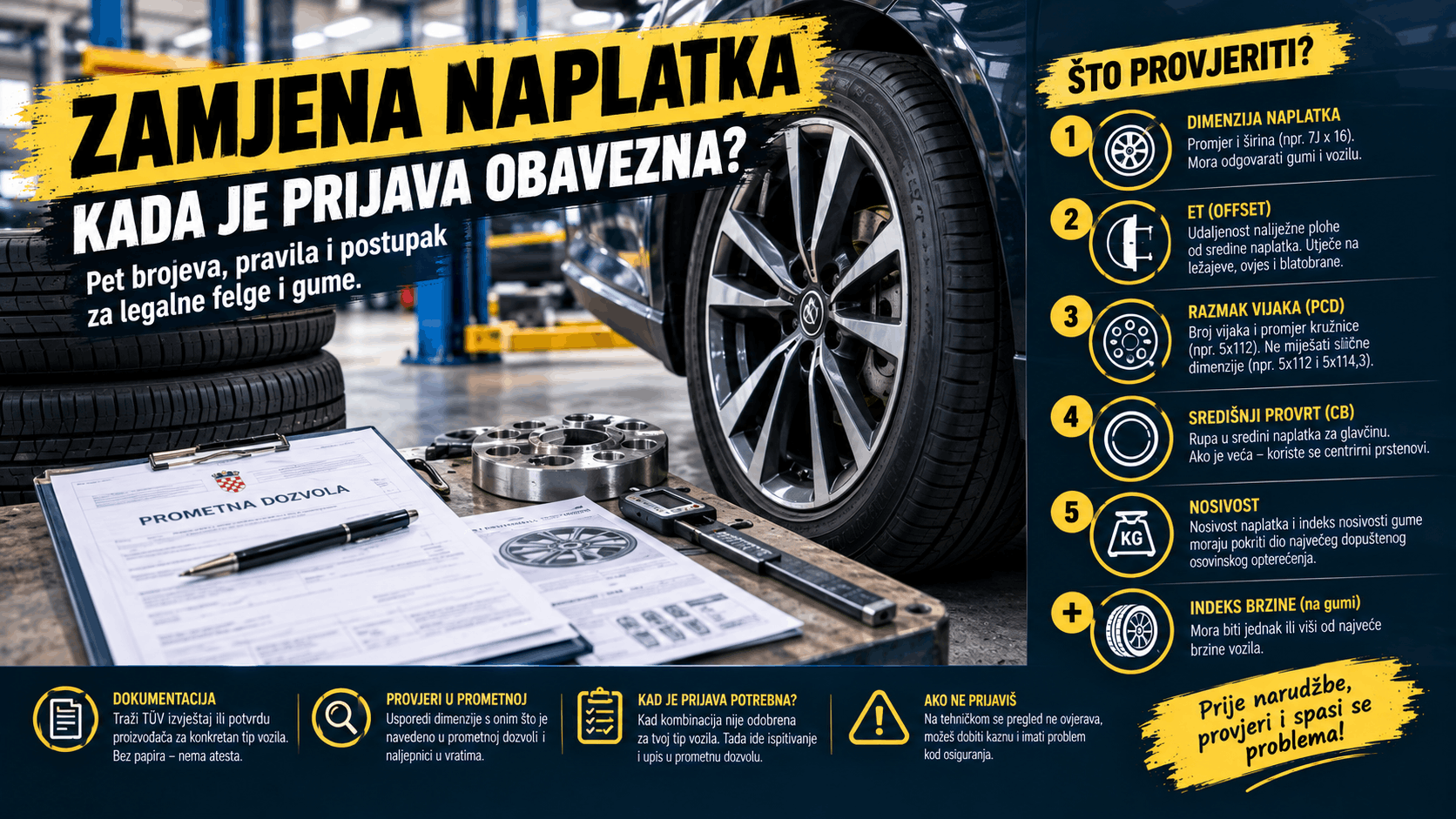 Zamjena naplatka na automobilu uz provjeru dimenzije felge, ET-a, PCD-a, središnjeg provrta i nosivosti