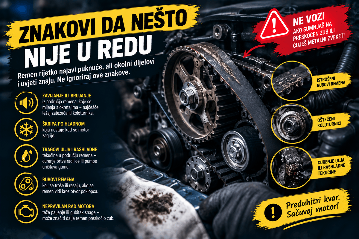 Znakovi problema sa zupčastim remenom poput zavijanja, škripanja, curenja i istrošenih rubova remena