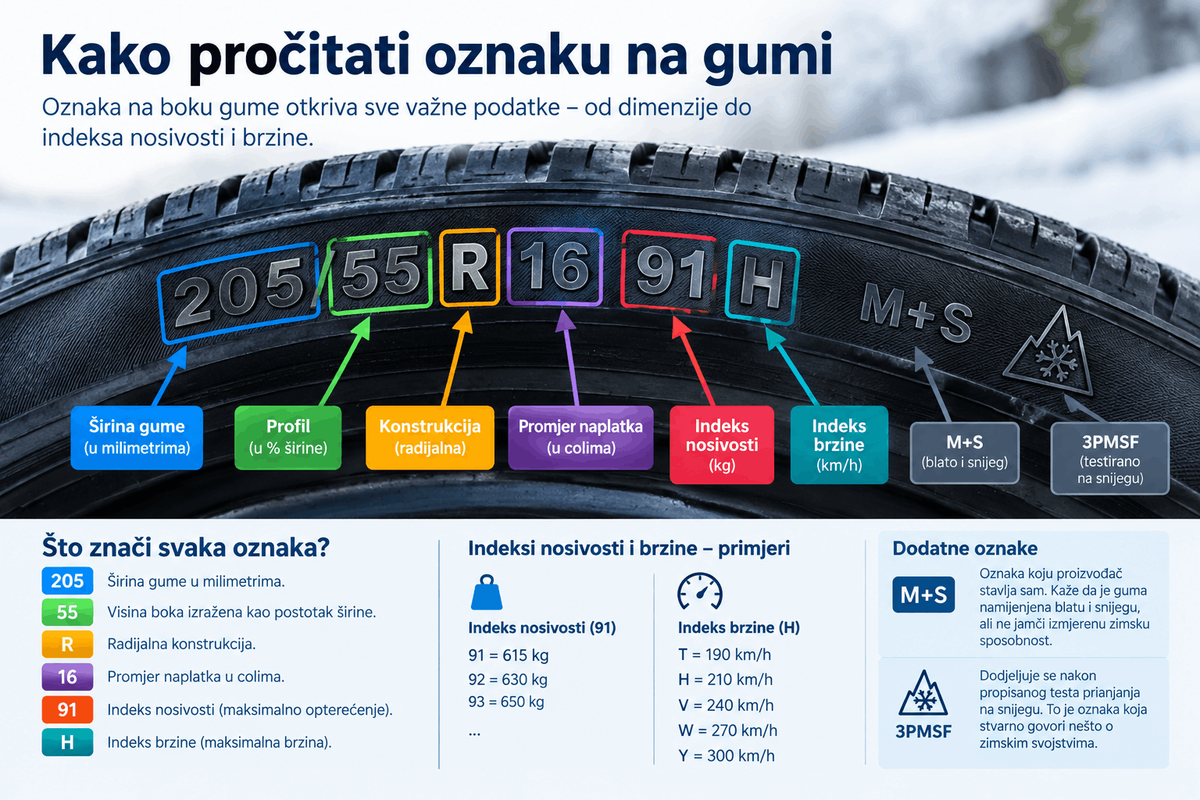 Detaljan prikaz oznake 205/55 R16 91H na bočnoj strani automobilske gume s objašnjenjem širine, profila, promjera naplatka, indeksa nosivosti i brzine.